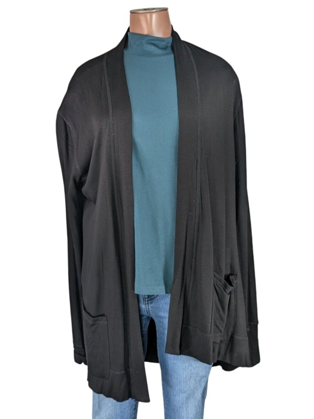 Babeau Large Black Open Front Long Casual Sweatshirt Cardigan w/Pockets